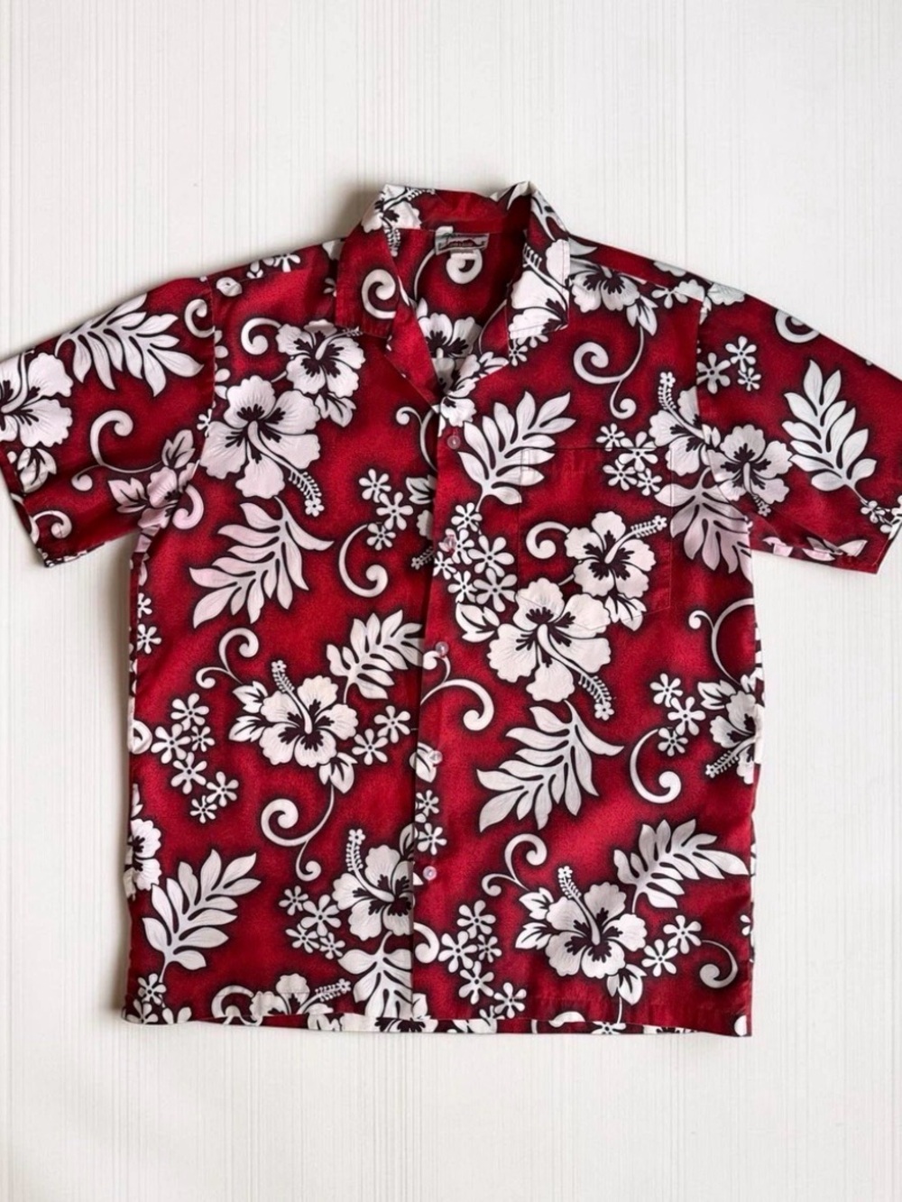 Vintage Evergreen Island Hawaiian Shirt Aloha Made in Hawaii Red Hibiscus